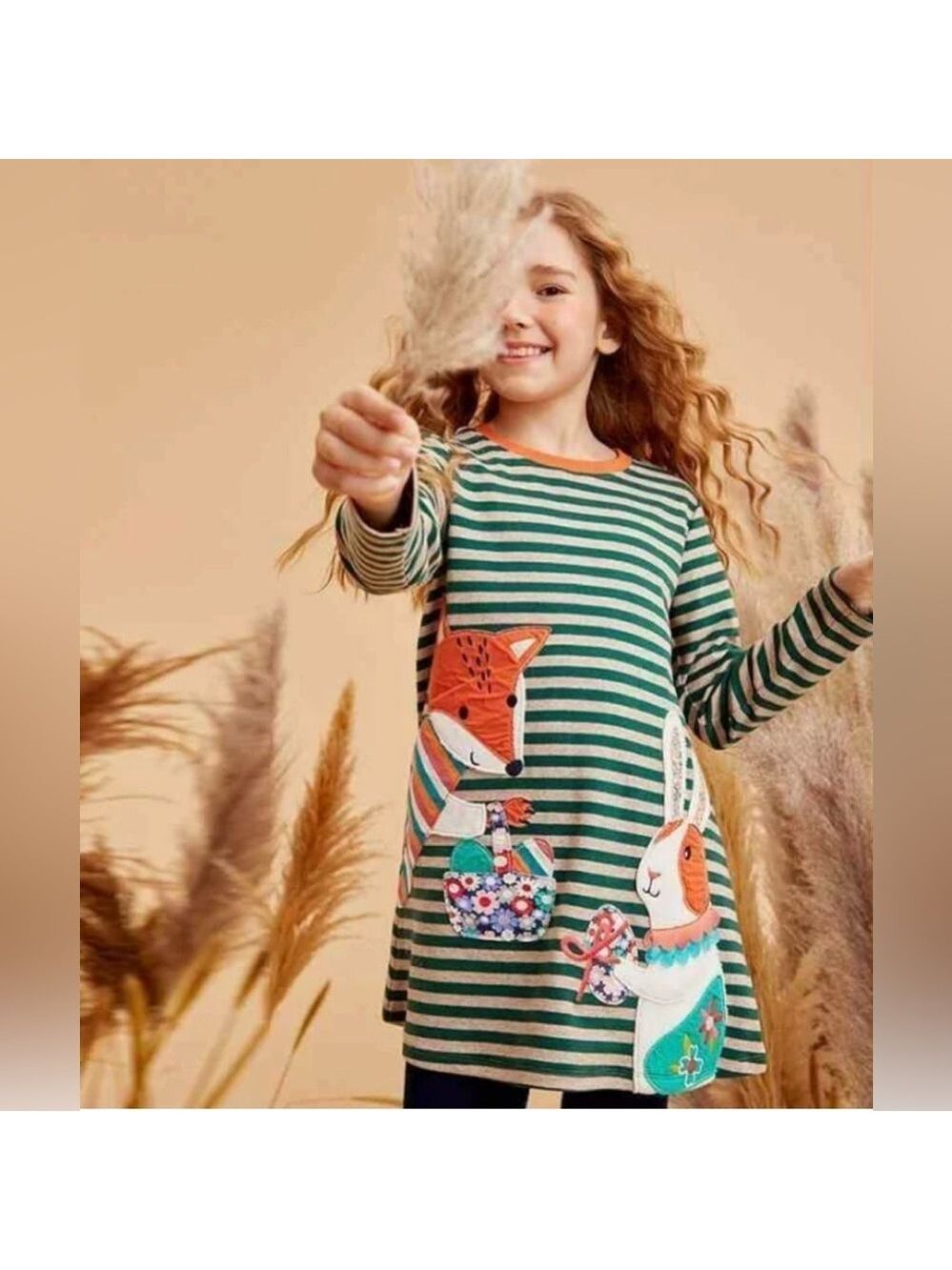 PPTOWN Striped Patched Fox & Bunny Long Sleeve Dress